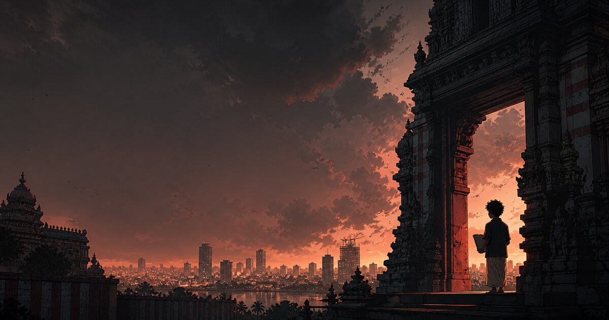 Original illustration of a young storyteller overlooking an Indian city from a South Indian temple gateway